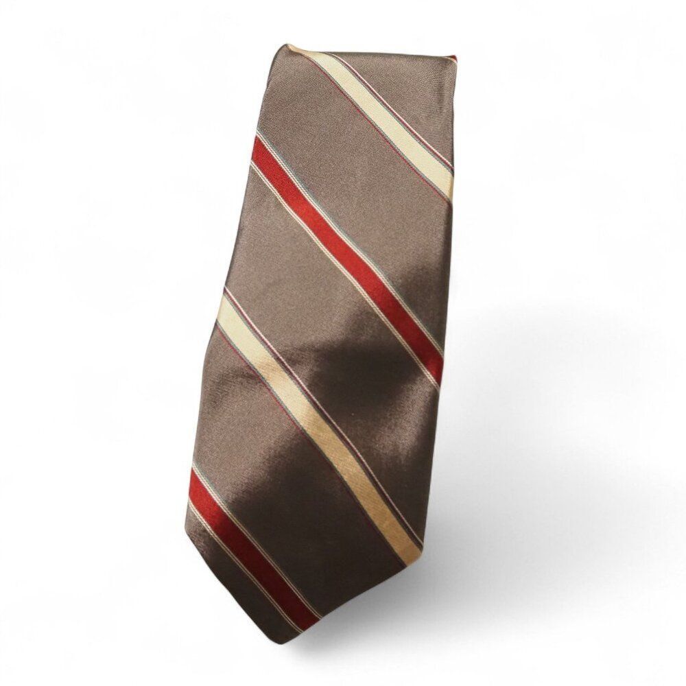 Christian Dior Vintage 100% Silk Tie Brown‎ Red Gold Striped Classic Necktie